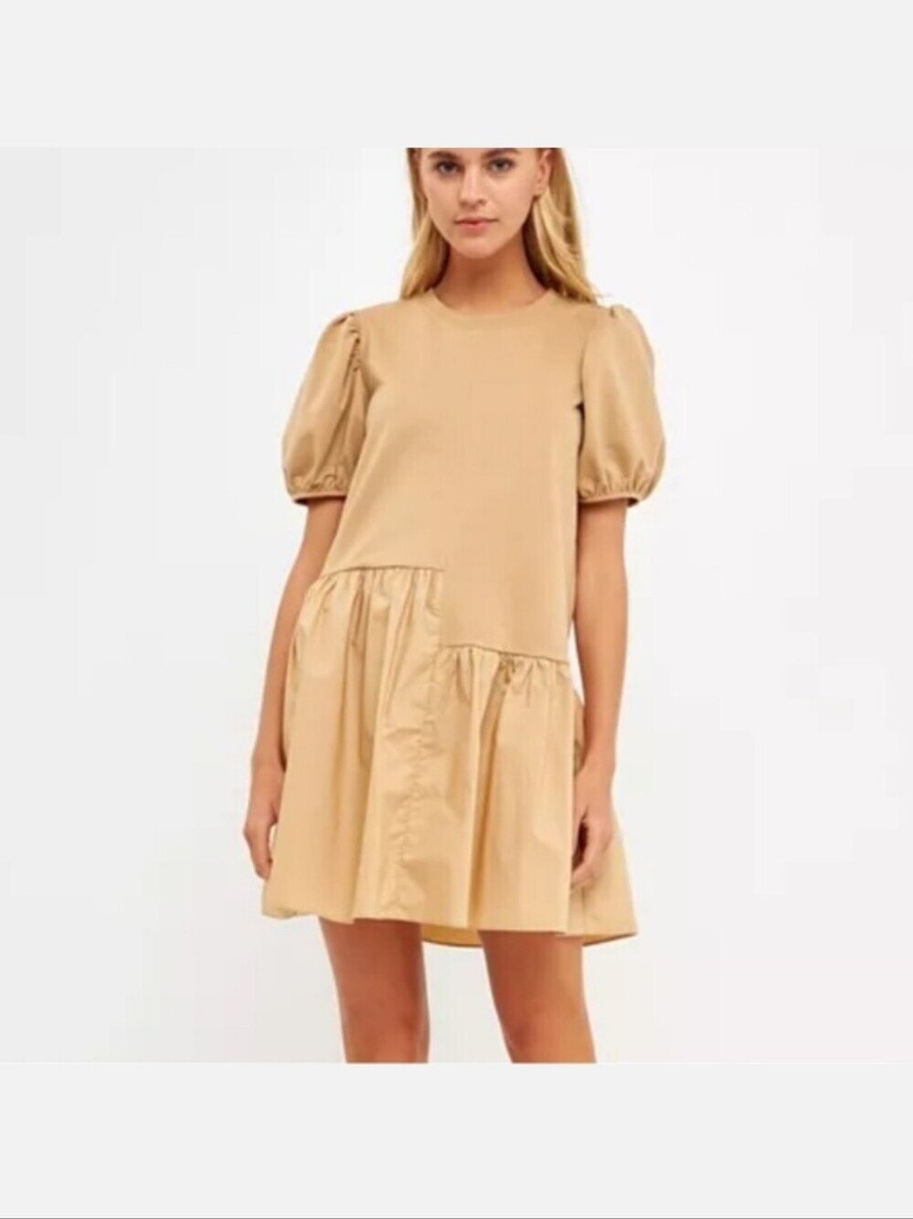 NWT English Factory Tan Puff Sleeve Mini Dress Med